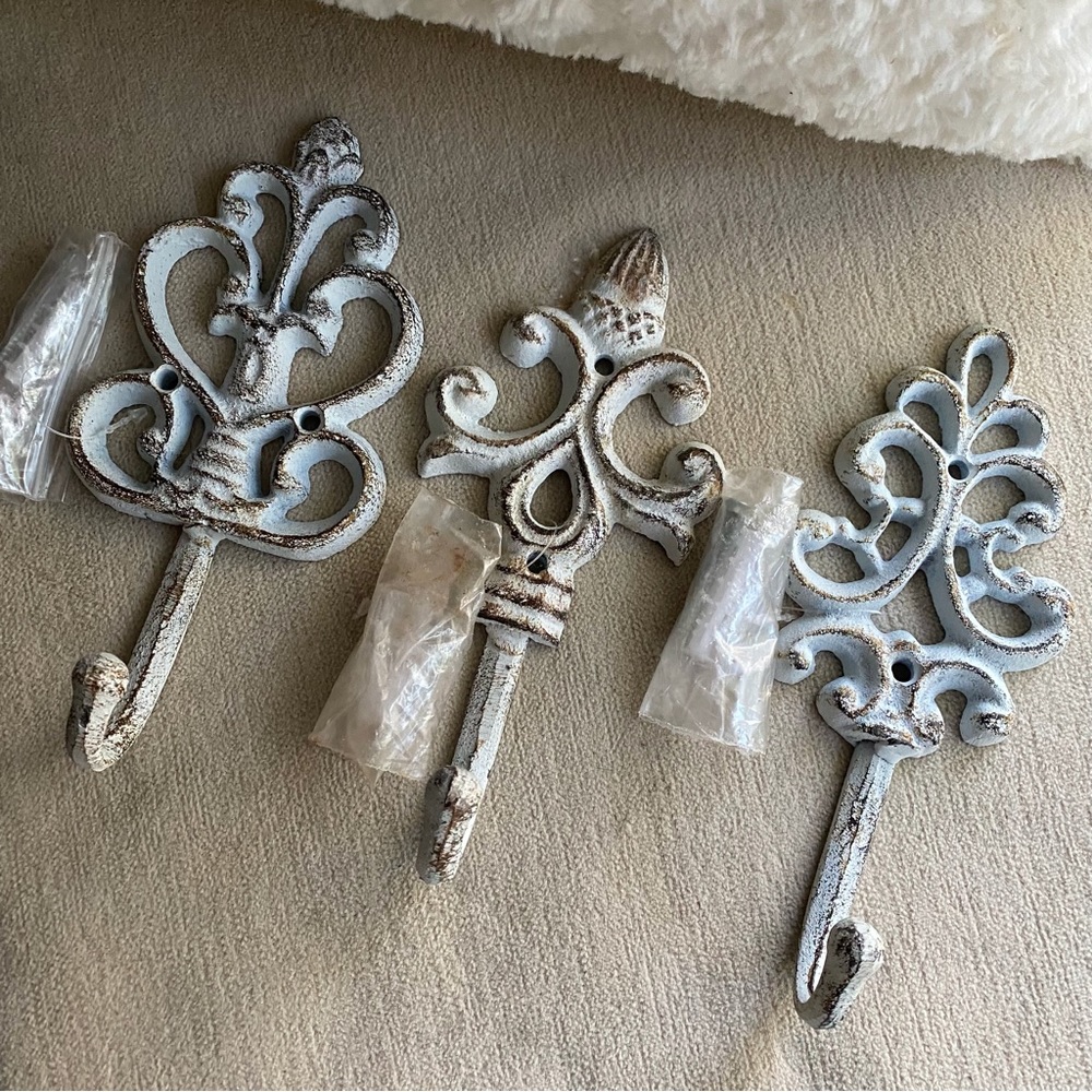 Quality Set Of 3 Iron Wall Hooks New With Install Hardware